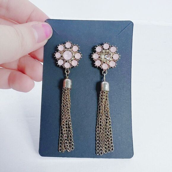 Pink Flower Earrings Gold Tassel Dangling Boho Chic - Picture 2 of 4